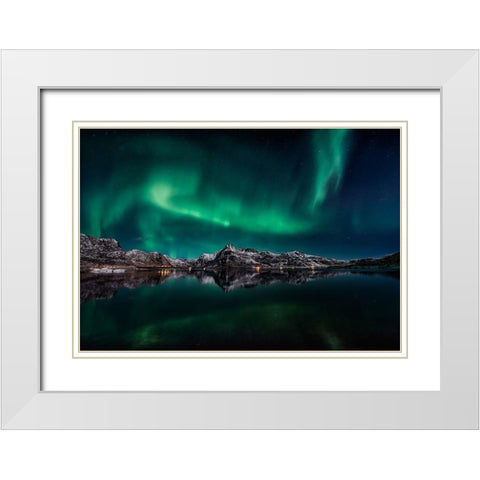 Lofoten Aurora Reflection White Modern Wood Framed Art Print with Double Matting by De La, Javier