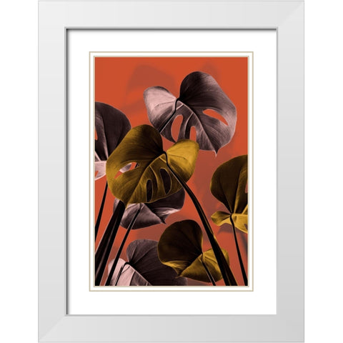 Monstera Orange 01 White Modern Wood Framed Art Print with Double Matting by Artographie Studio
