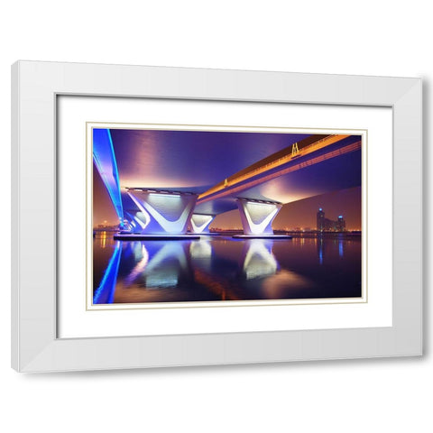 Al Garhoud Bridge-Night White Modern Wood Framed Art Print with Double Matting by Work, Robert