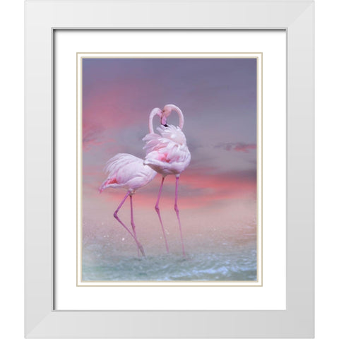 Flamingo Ballet White Modern Wood Framed Art Print with Double Matting by Wisniowska, Krystina