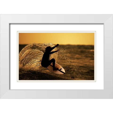 Surfer at sunset White Modern Wood Framed Art Print with Double Matting by Yuval