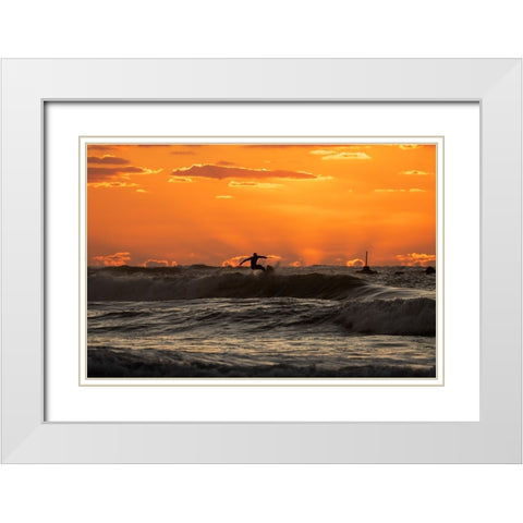 Surfer at sunset White Modern Wood Framed Art Print with Double Matting by Yuval