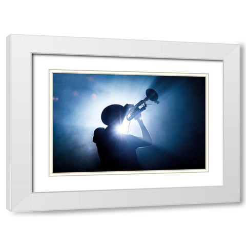 Trumpet Player White Modern Wood Framed Art Print with Double Matting by De Klerck, Erik