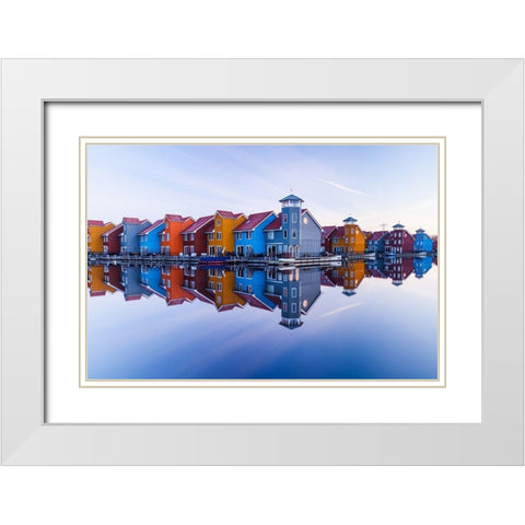 Colored homes White Modern Wood Framed Art Print with Double Matting by Drijfhamer, Ton