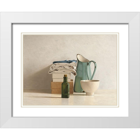 Two Boxes-Cloths-Bottle-Jug and Bowl White Modern Wood Framed Art Print with Double Matting by de Bont, Willem