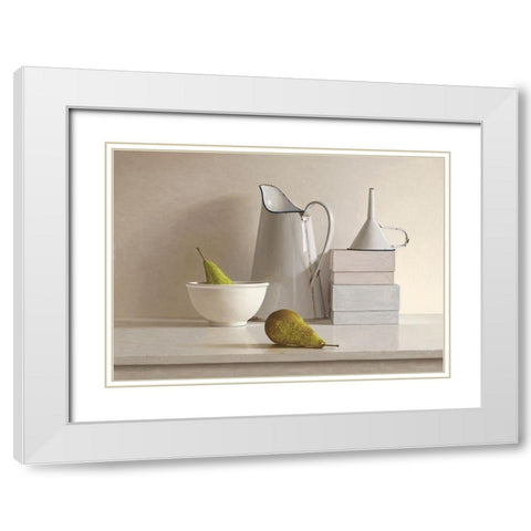 2 pears-2 boxes-jug-bowl and funnel White Modern Wood Framed Art Print with Double Matting by de Bont, Willem