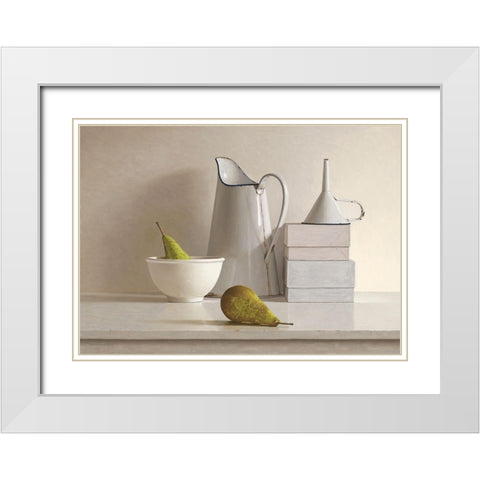 2 pears-2 boxes-jug-bowl and funnel White Modern Wood Framed Art Print with Double Matting by de Bont, Willem