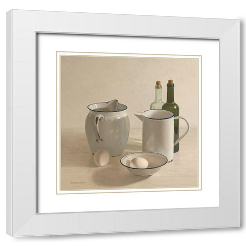 2 jugs-2 bottles-2 eggs and a bowl White Modern Wood Framed Art Print with Double Matting by de Bont, Willem