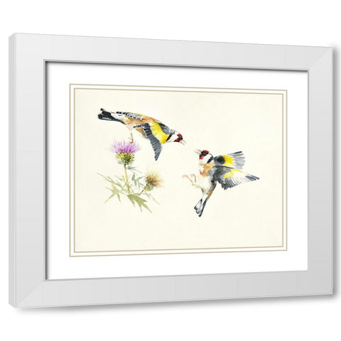 Goldfinches White Modern Wood Framed Art Print with Double Matting by Mayes, Hilary