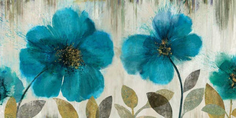 Teal Flowers White Modern Wood Framed Art Print with Double Matting by Jensen, Asia