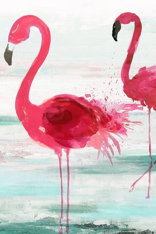 Beach Flamingoes Black Ornate Wood Framed Art Print with Double Matting by Wilson, Aimee