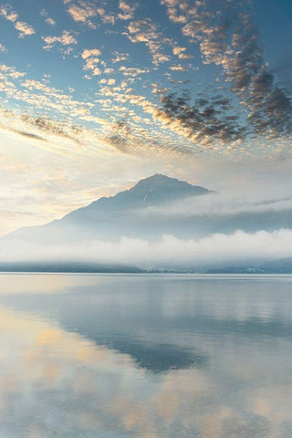 Gravedona Harbor Sunrise #2 White Modern Wood Framed Art Print with Double Matting by Blaustein, Alan