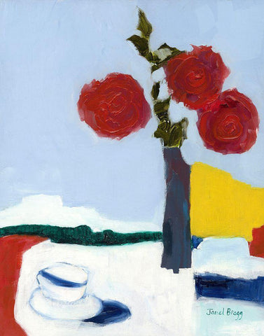 Rose and Teacup White Modern Wood Framed Art Print with Double Matting by Bragg, Janel