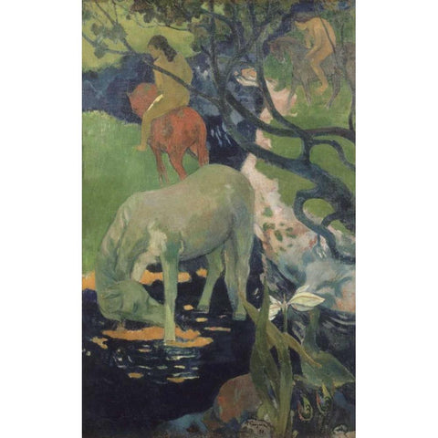 The White Horse Gold Ornate Wood Framed Art Print with Double Matting by Gauguin, Paul