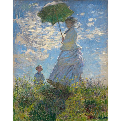 Woman with a Parasol - Madame Monet and Her Son, 1875 White Modern Wood Framed Art Print by Monet, Claude