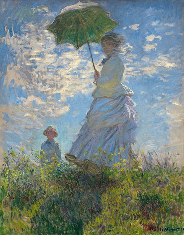 Woman with a Parasol - Madame Monet and Her Son, 1875 White Modern Wood Framed Art Print with Double Matting by Monet, Claude