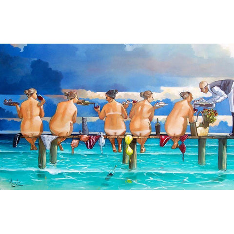 Wine On The Jetty Black Modern Wood Framed Art Print with Double Matting by West, Ronald