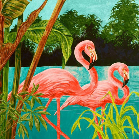 Hot Tropical Flamingo II White Modern Wood Framed Art Print with Double Matting by Baliko, Linda