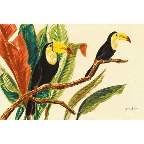 Tropical Toucans II White Modern Wood Framed Art Print by Baliko, Linda