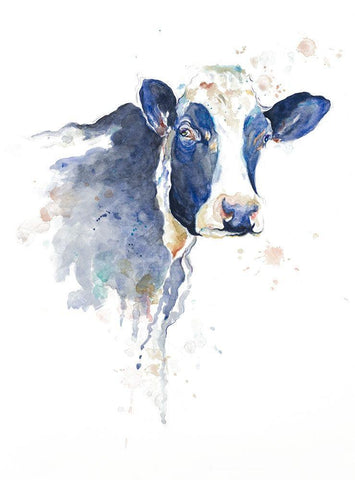 Watercolor Blue Cow White Modern Wood Framed Art Print with Double Matting by Pinto, Patricia