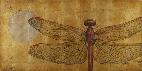 Dragonfly on Gold White Modern Wood Framed Art Print with Double Matting by Pinto, Patricia