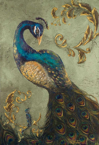 Peacock on Sage II Black Ornate Wood Framed Art Print with Double Matting by Hakimipour, Tiffany