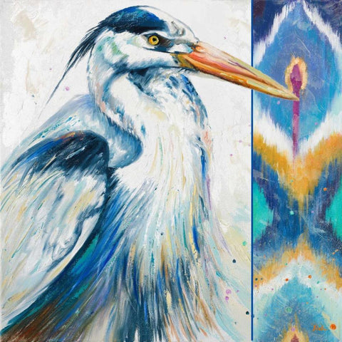 Blue Heron Ikat I White Modern Wood Framed Art Print with Double Matting by Pinto, Patricia