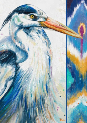 Blue Heron Ikat I White Modern Wood Framed Art Print with Double Matting by Pinto, Patricia