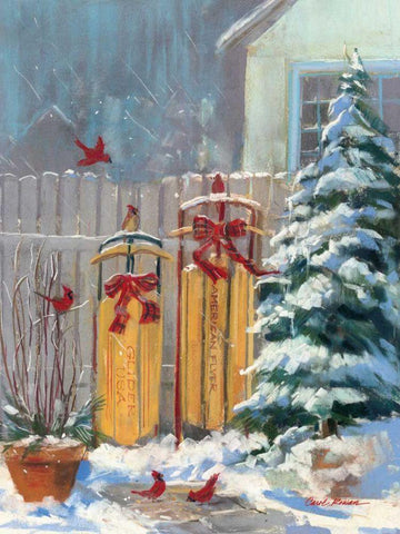 December Sleds White Modern Wood Framed Art Print with Double Matting by Rowan, Carol