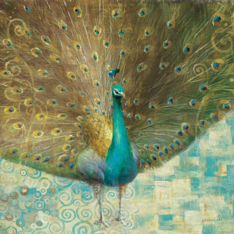 Teal Peacock on Gold Gold Ornate Wood Framed Art Print with Double Matting by Nai, Danhui