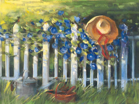 Morning Glories on the Fence Black Ornate Wood Framed Art Print with Double Matting by Rowan, Carol