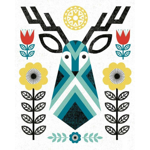 Folk Lodge Deer II V2 Teal White Modern Wood Framed Art Print by Mullan, Michael
