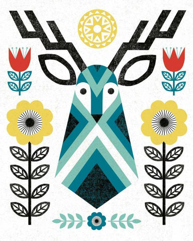 Folk Lodge Deer II V2 Teal Black Ornate Wood Framed Art Print with Double Matting by Mullan, Michael