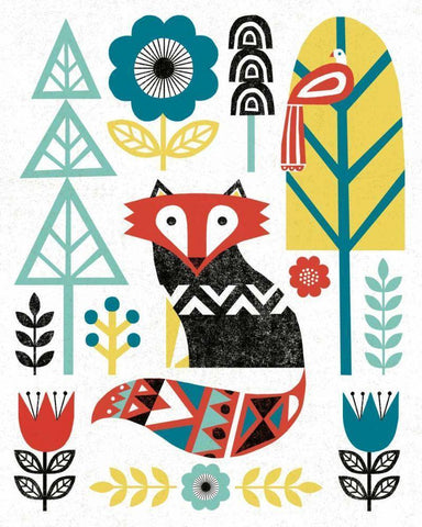 Folk Lodge Fox V2 Teal White Modern Wood Framed Art Print with Double Matting by Mullan, Michael