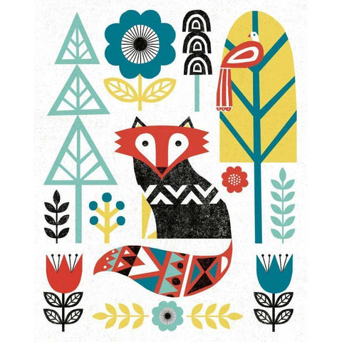 Folk Lodge Fox V2 Teal Black Modern Wood Framed Art Print with Double Matting by Mullan, Michael