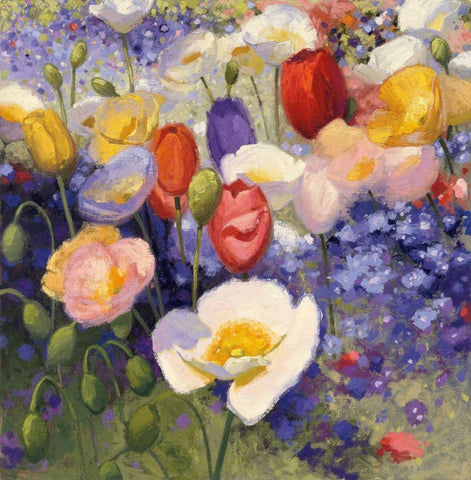 Tulips and Poppy Party White Modern Wood Framed Art Print with Double Matting by Novak, Shirley