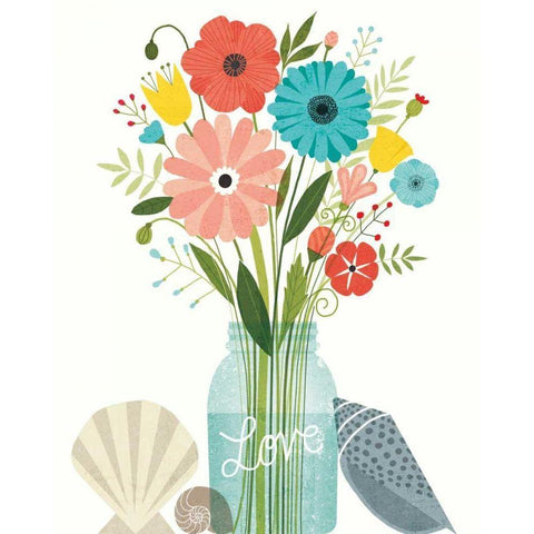 Seaside Bouquet II Mason Jar White Modern Wood Framed Art Print by Mullan, Michael