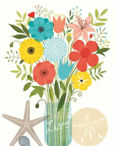Seaside Bouquet I Mason Jar White Modern Wood Framed Art Print with Double Matting by Mullan, Michael