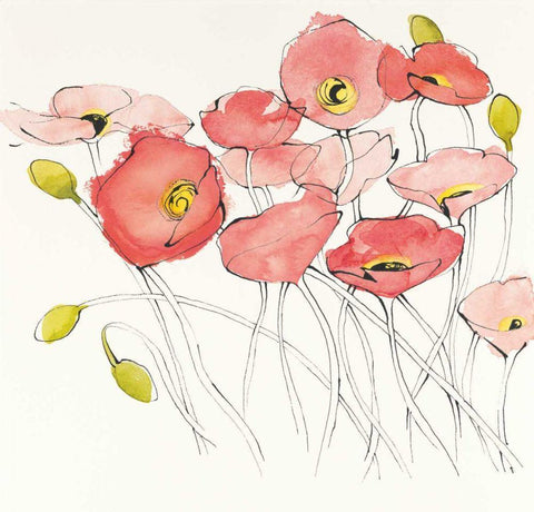 Black Line Poppies I Watercolor White Modern Wood Framed Art Print with Double Matting by Novak, Shirley