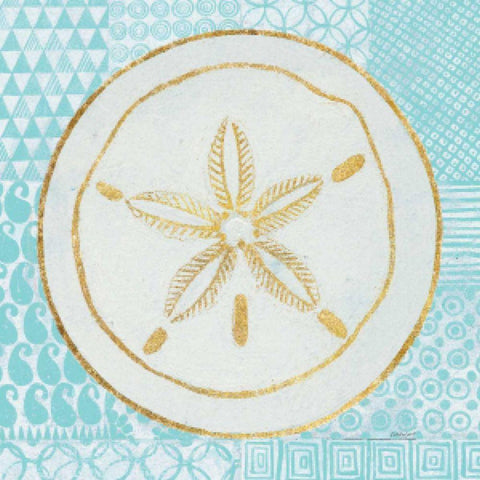 Summer Shells I Teal and Gold White Modern Wood Framed Art Print with Double Matting by Lovell, Kathrine