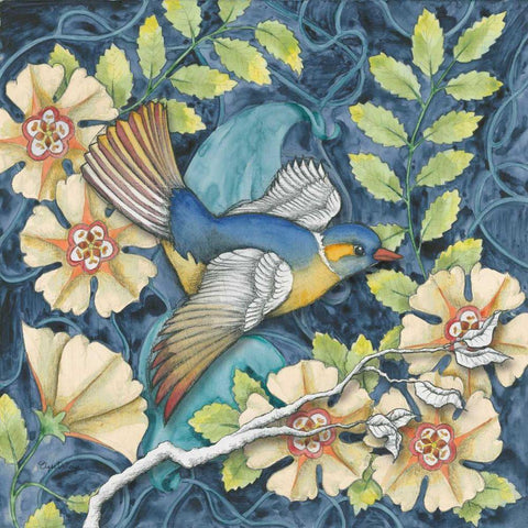 Arts and Crafts Bird III Black Ornate Wood Framed Art Print with Double Matting by DeNeige, Elyse