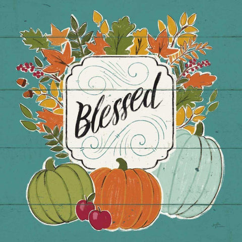 Thankful III Turquoise Leaves Gold Ornate Wood Framed Art Print with Double Matting by Penner, Janelle