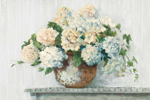 White Hydrangea Cottage Black Ornate Wood Framed Art Print with Double Matting by Rowan, Carol