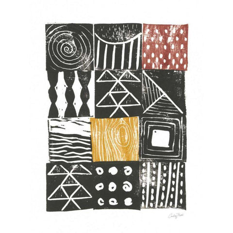 Block Print V Red Yellow Gold Ornate Wood Framed Art Print with Double Matting by Prahl, Courtney
