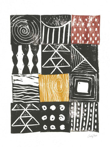 Block Print V Red Yellow Black Ornate Wood Framed Art Print with Double Matting by Prahl, Courtney