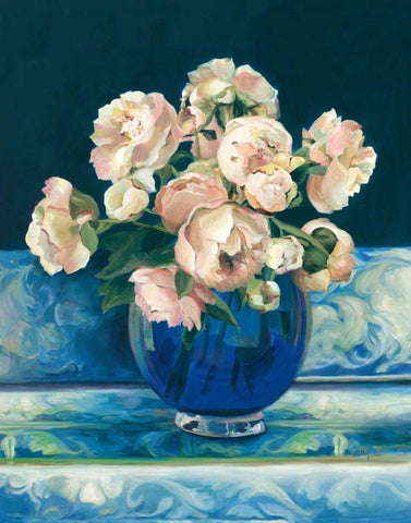 Peonies in Cobalt Vase No Fruit White Modern Wood Framed Art Print with Double Matting by Hageman, Marilyn