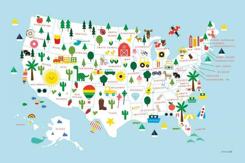 Fun USA Map Black Ornate Wood Framed Art Print with Double Matting by Kelle, Ann