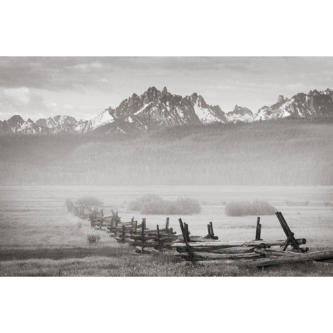 Stanley Basin Fence and Fog White Modern Wood Framed Art Print by Majchrowicz, Alan