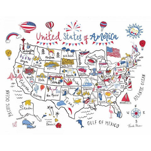 USA Map White Modern Wood Framed Art Print by Zaman, Farida