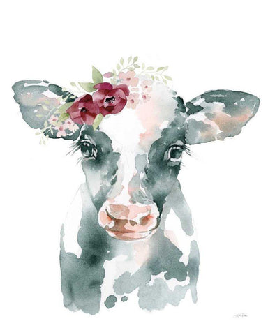 Floral Cow White Modern Wood Framed Art Print with Double Matting by Pete, Katrina